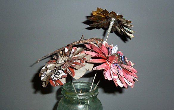 Posing on the metal flowers